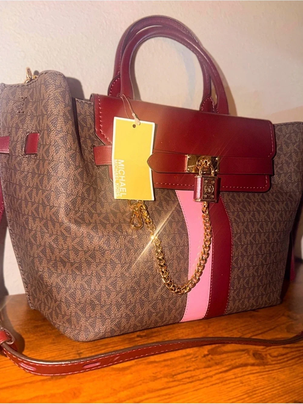 Michael Kors Brown Monogram Satchel with Pink & Burgundy Accents